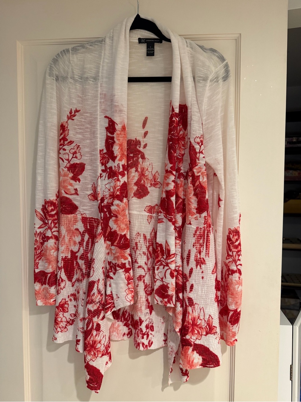 INC International Concepts White Open-Front Cardigan with Red Floral Design